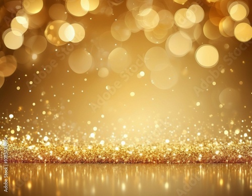 Glitzernder Sternenstaub fällt auf einen spiegelnden Untergrund, goldenes Bokeh