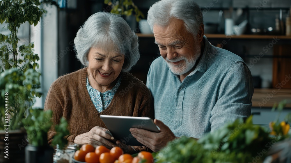 An elderly couple using a tablet together, watching a tutorial video on how to use new kitchen gadgets, learning and laughing together. An elderly couple using a tablet together, watching a tutorial video on how to use new kitchen gadgets, learning and laughing together.