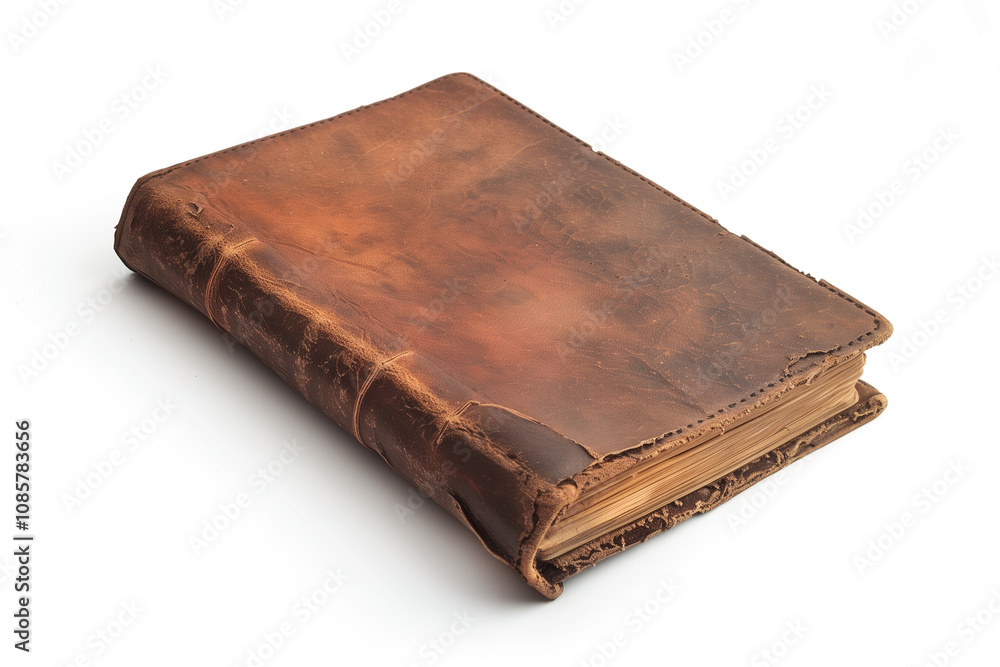 Obraz premium A vintage diary with a textured cover resting at an angle on a clean white backdrop, showing a slightly worn spine.
