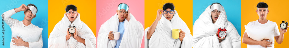 Overslept man with sleep mask. Collage on different colors backgrounds Overslept man with sleep mask. Collage on different colors backgrounds