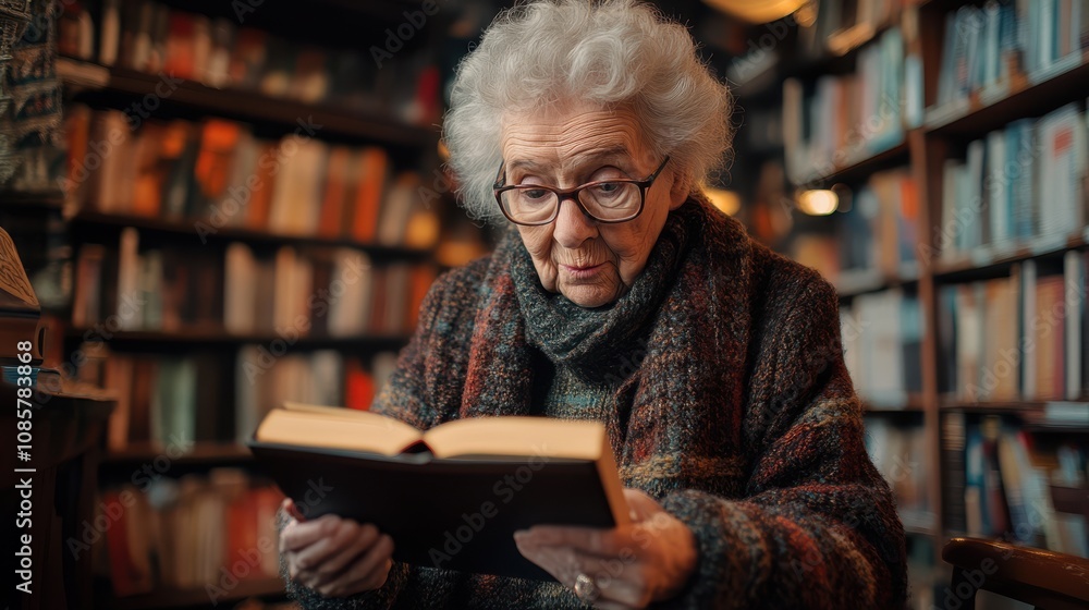 An elderly person using an e-reader for the first time, exploring a library of books with a look of amazement and curiosity. An elderly person using an e-reader for the first time, exploring a library of books with a look of amazement and curiosity.