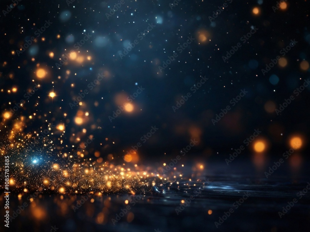 Glitzernder goldener Sternenstaub fällt auf den Boden, dunkler Hintergrund Glitzernder goldener Sternenstaub fällt auf den Boden, dunkler Hintergrund