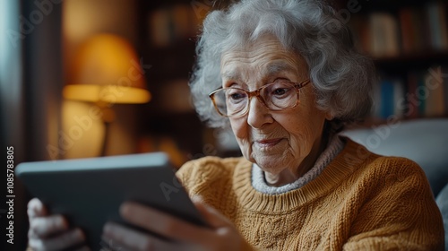 An elderly person exploring a tablet, discovering the joy of video calling with distant family members, their face lighting up with excitement.