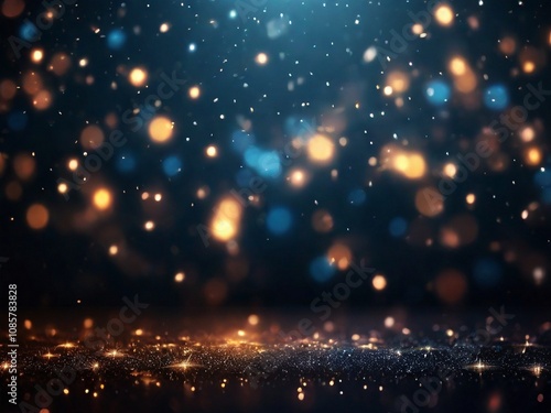 Goldene glitzernde Sterne fallen herunter, schönes Bokeh vor dunklem Hintergrund