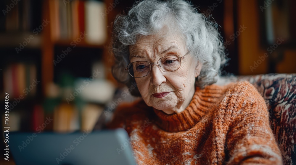 An elderly woman enjoying a virtual book club meeting, discussing her favorite novels with fellow readers via social media. An elderly woman enjoying a virtual book club meeting, discussing her favorite novels with fellow readers via social media.