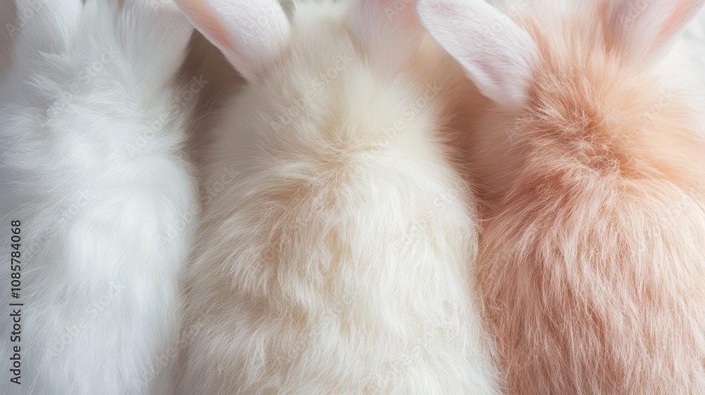 Three fluffy bunnies, two white and one light brown, seen from the back in a row. Three fluffy bunnies, two white and one light brown, seen from the back in a row.