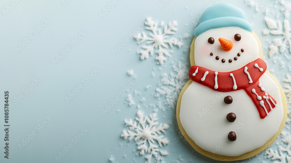 Fototapeta premium Snowman Cookie with Snowflakes on Blue Background