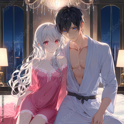 An albino girl and a blue-eyed young man are playing in a celebrity's bedroom. They love each other, but they are not without their worries. Japanese anime style picture. photo