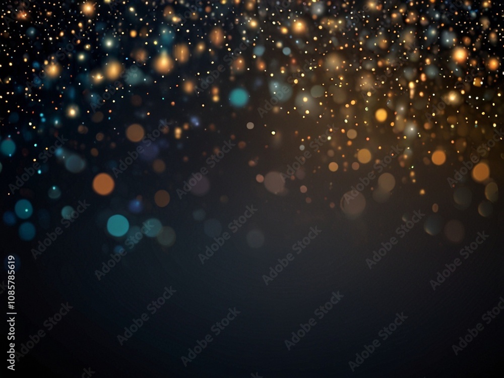 Schönes blaues Bokeh und glitzernde goldene Sternchen und Partikel vor dunklem Hintergrund Schönes blaues Bokeh und glitzernde goldene Sternchen und Partikel vor dunklem Hintergrund