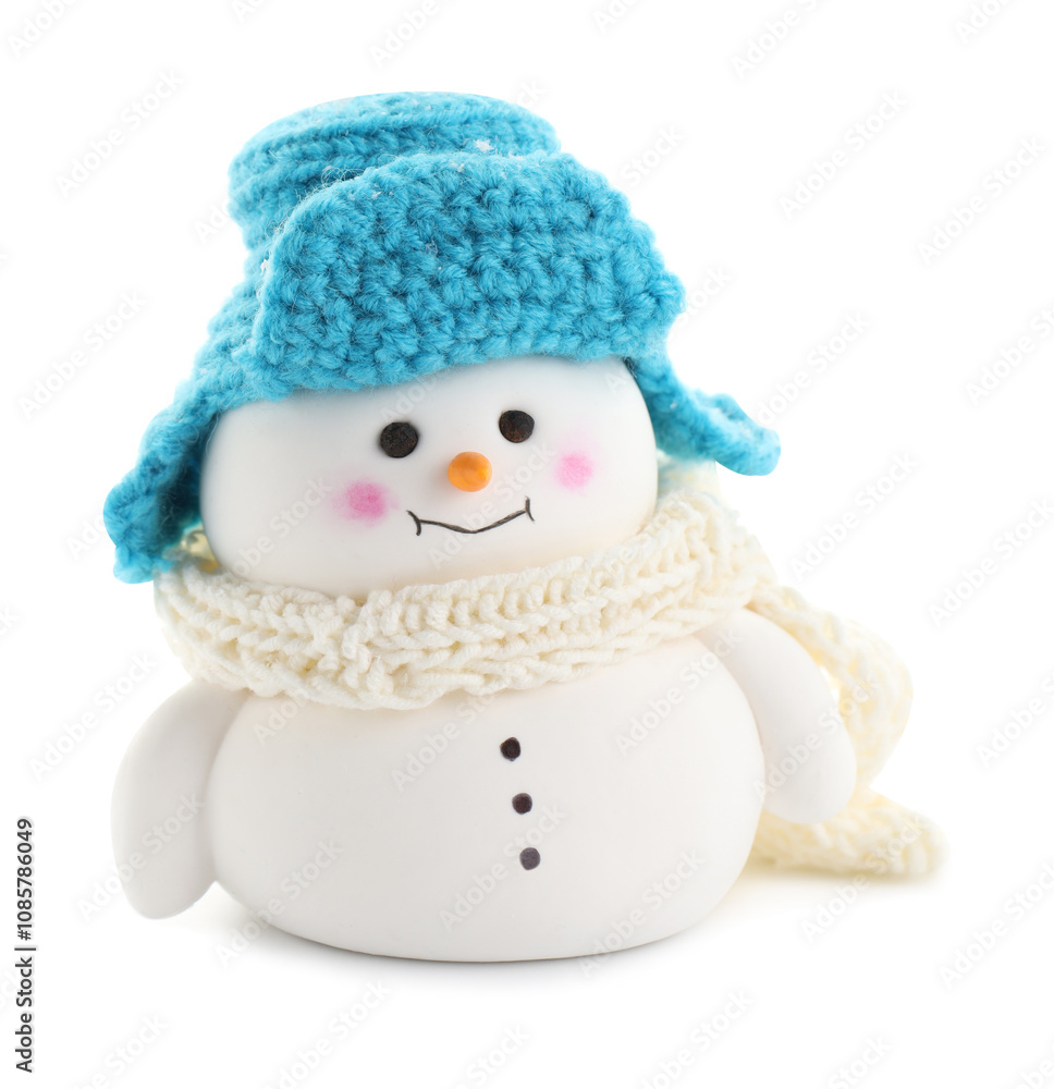 Fototapeta premium Cute decorative snowman in hat and scarf isolated on white