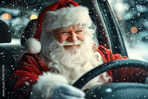 A Santa Claus drives a car on a cold winter day. The concept of modern holiday spirit, festive journey, and reinventing traditions. Generative AI. photo