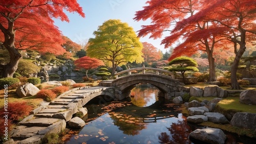 日本の伝統的な庭園、秋の赤い紅葉、池にかかる小さな石橋、柔らかな日差し