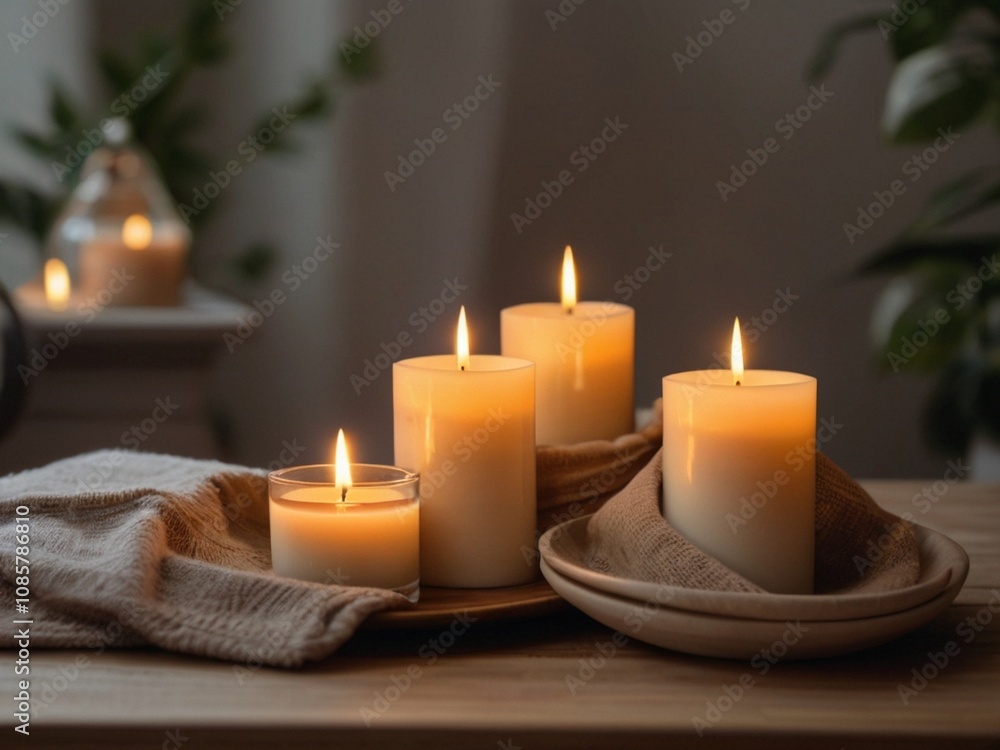 In einem Zimmer stehen vier brennende Kerzen auf einem Tisch und erleuchten den Raum In einem Zimmer stehen vier brennende Kerzen auf einem Tisch und erleuchten den Raum