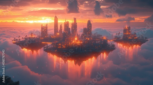 Floating city blocks connected by light bridges against sunset sky