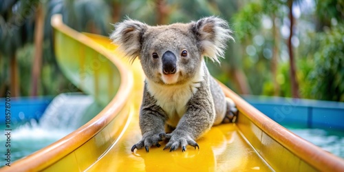 Koala on a Yellow Waterslide, Australian Wildlife, Water Park, Animal Fun photo