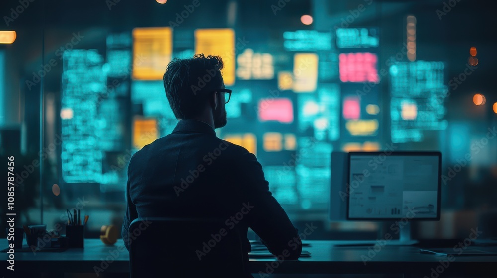 A creative professional brainstorming ideas using AI-generated concepts on a digital board, with smart technology facilitating the creative process. A creative professional brainstorming ideas using AI-generated concepts on a digital board, with smart technology facilitating the creative process.