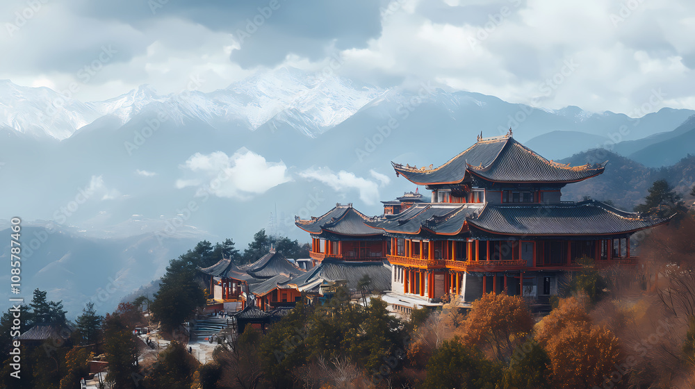 Rizhao golden hill in yunnan province - meili snow mountain. Halcyon. Illustration Rizhao golden hill in yunnan province - meili snow mountain. Halcyon. Illustration