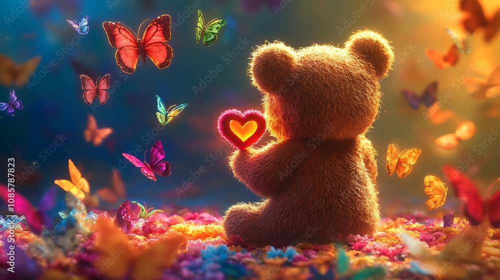 A Teddy Bear Holding a Heart Surrounded by Colorful Butterflies and Flowers A Teddy Bear Holding a Heart Surrounded by Colorful Butterflies and Flowers