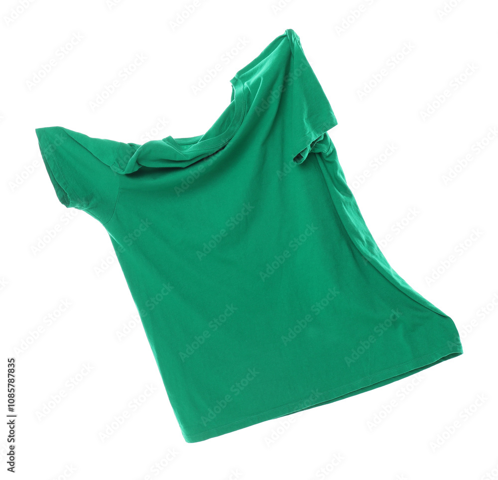 One green t-shirt in air isolated on white One green t-shirt in air isolated on white