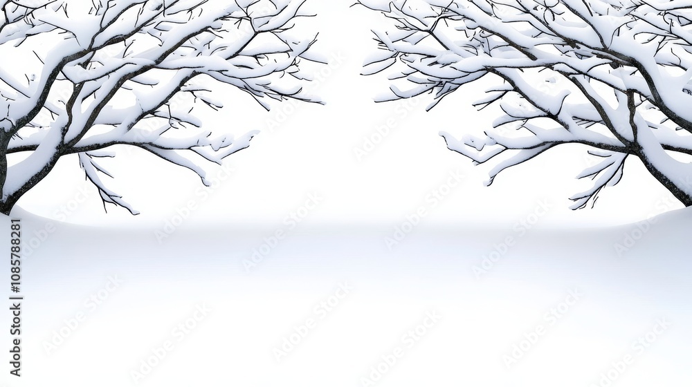 Fototapeta premium Winter Landscape with Bare Trees and Soft Snow Blanketing the Ground Creates a Serene and Tranquil Atmosphere in a Minimalist Setting