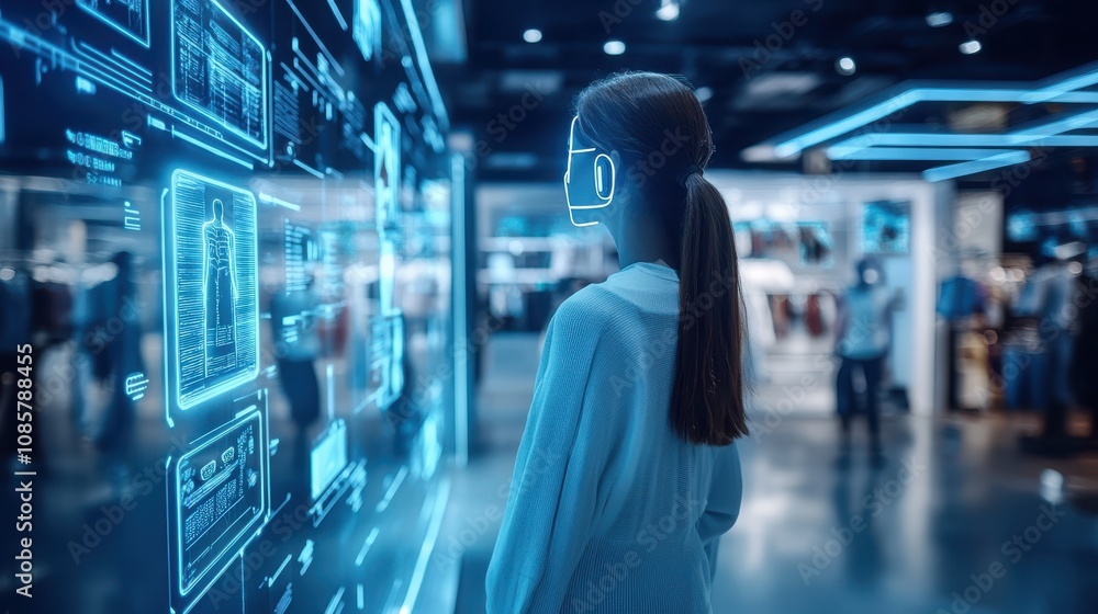 A futuristic retail experience where a shopper uses AI-driven virtual try-ons and smart shopping assistants in a high-tech store environment. A futuristic retail experience where a shopper uses AI-driven virtual try-ons and smart shopping assistants in a high-tech store environment.