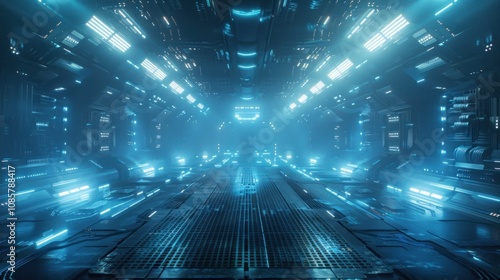 Futuristic blue lit corridor with glowing lights in a sci-fi spaceship interior. photo