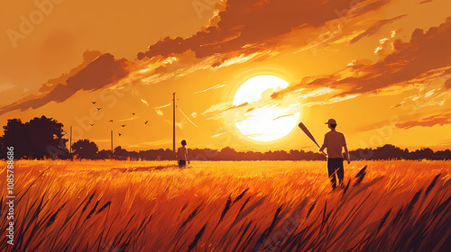 Sunset baseball on straw field: a warm evening moment captured. Halcyon. Illustration