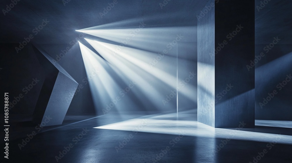 Obraz premium Abstract modern architectural space featuring dramatic light rays illuminating geometric structures, creating a tranquil and mysterious atmosphere of shadows and reflections