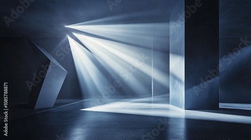 Abstract modern architectural space featuring dramatic light rays illuminating geometric structures, creating a tranquil and mysterious atmosphere of shadows and reflections