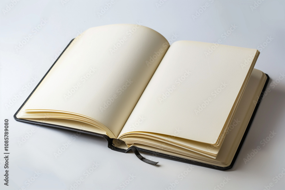 An open diary with blank cream-colored pages lying on a pristine white surface, with a soft shadow on one side. An open diary with blank cream-colored pages lying on a pristine white surface, with a soft shadow on one side.