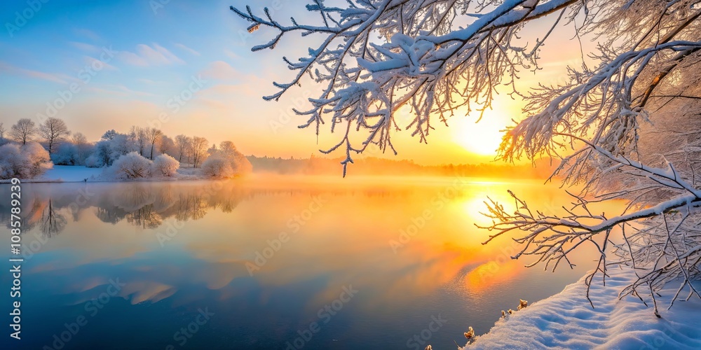 Fototapeta premium Serene Winter Sunrise Over a Tranquil Frozen Lake, Snow-Covered Branches Framing the Golden Hour