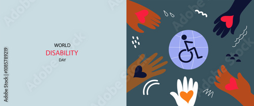 Person in wheelchair. International day of persons with Disabilities. vector banner. Abstract Flat hand drawn drawing illustration for social media