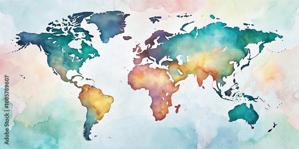 Obraz premium Artistic Watercolor World Map Depicting Continents in Vibrant Hues