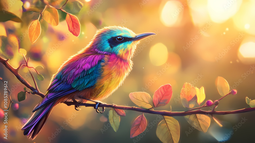 Vibrant halcyon bird perched on a sun-drenched branch, iridescent feathers glistening in warm light, with soft focus background and gentle out-of-focus leaves. Halcyon. Illustration Vibrant halcyon bird perched on a sun-drenched branch, iridescent feathers glistening in warm light, with soft focus background and gentle out-of-focus leaves. Halcyon. Illustration