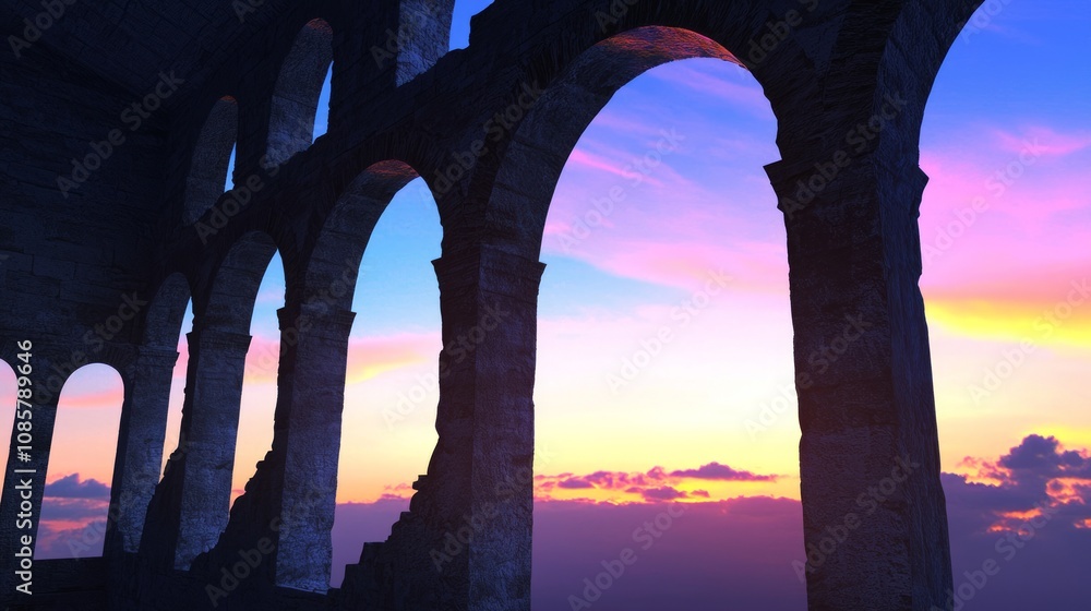 Twilight Mystique: 3D Render of Ancient Roman Ruins with Crumbling Arches and Dramatic Sky, Symbolizing Passage of Time Twilight Mystique: 3D Render of Ancient Roman Ruins with Crumbling Arches and Dramatic Sky, Symbolizing Passage of Time