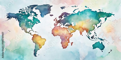 Fototapeta Naklejka Na Ścianę i Meble -  Artistic Watercolor World Map Depicting Continents in Vibrant Hues