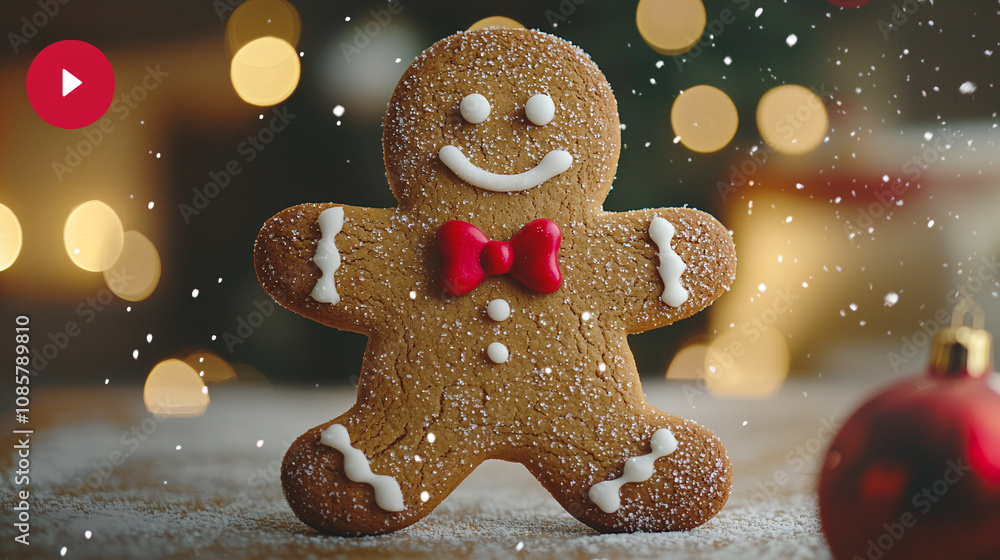 Delightful gingerbread man cookie with icing and festive decorations, perfect for holiday celebrations. cookie features smiling face and red bow tie, surrounded by cozy atmosphere Delightful gingerbread man cookie with icing and festive decorations, perfect for holiday celebrations. cookie features smiling face and red bow tie, surrounded by cozy atmosphere