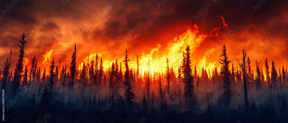 dramatic wildfire scene with bright flames engulfing tall trees, creating vivid contrast against dark smoke filled sky. intense heat and energy of fire evoke sense of urgency and danger dramatic wildfire scene with bright flames engulfing tall trees, creating vivid contrast against dark smoke filled sky. intense heat and energy of fire evoke sense of urgency and danger