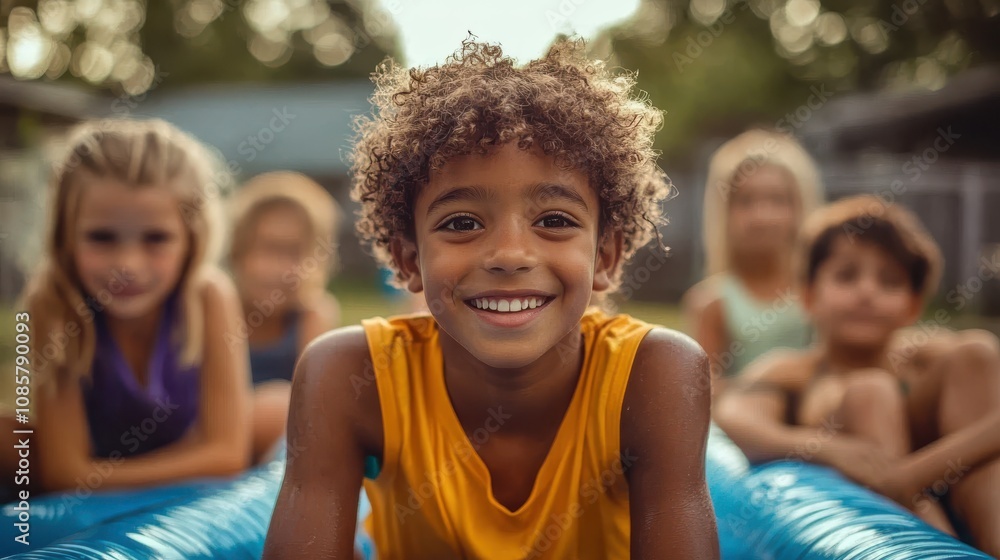 A group of kids in a backyard with a slip-n-slide set up but all sitting nearby, uninterested and bored. A group of kids in a backyard with a slip-n-slide set up but all sitting nearby, uninterested and bored.