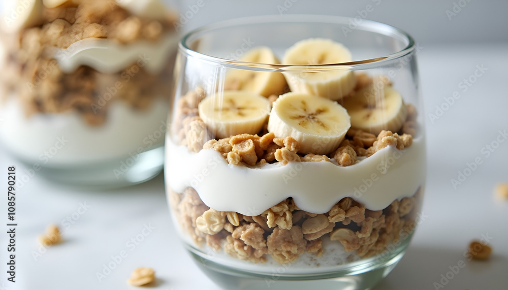 Delicious layered parfait with yogurt, granola, and banana slices in a clear glass Delicious layered parfait with yogurt, granola, and banana slices in a clear glass