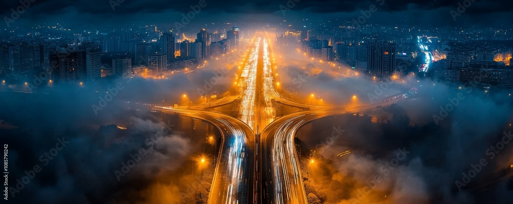 A stunning aerial view of a cityscape at night, featuring illuminated roads weaving through low-lying fog, creating a mesmerizing light display. A stunning aerial view of a cityscape at night, featuring illuminated roads weaving through low-lying fog, creating a mesmerizing light display.