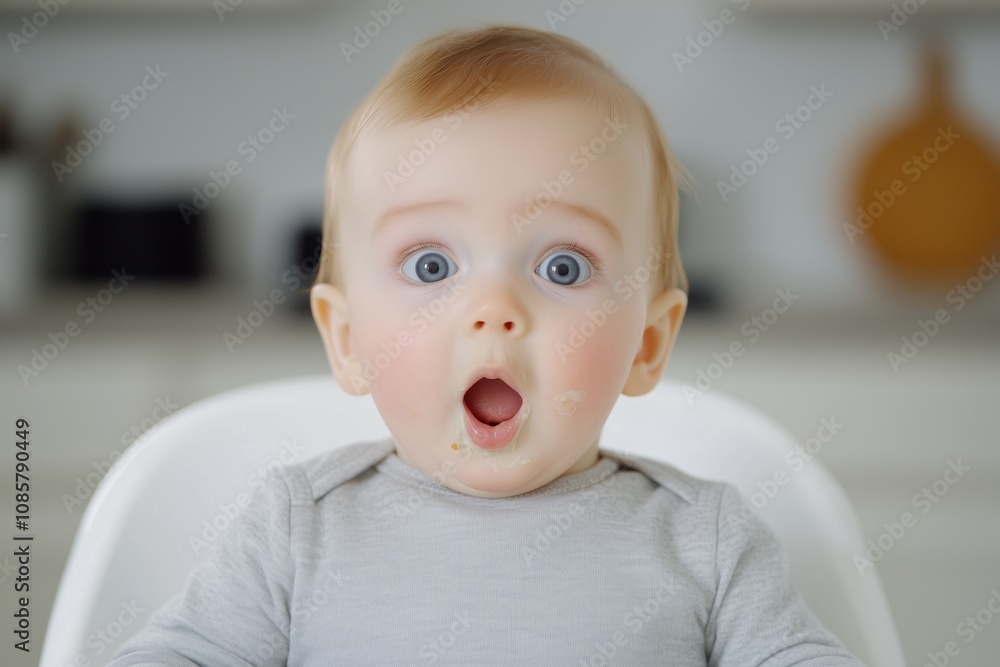 Baby experiences solid food for the first time with a surprised expression in a modern kitchen Baby experiences solid food for the first time with a surprised expression in a modern kitchen