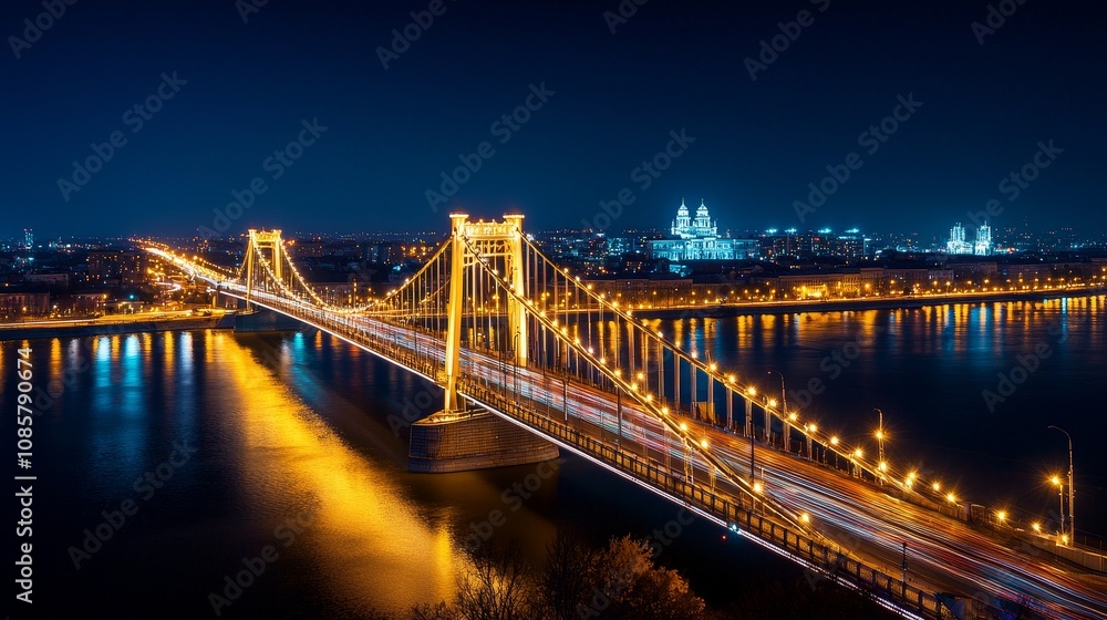 Fototapeta premium A stunning night view of a beautifully lit bridge over a river, showcasing city lights and a distant skyline.