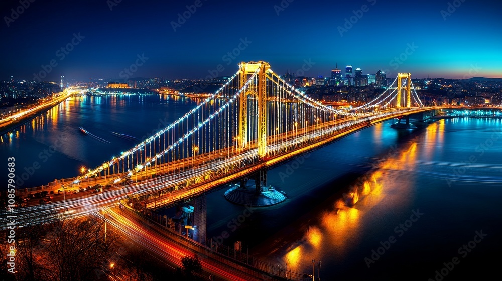 Naklejka premium A stunning night view of a city bridge illuminated with bright lights, reflecting beautifully on the water below.