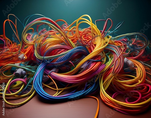 bunch of wires are tangled together on a table the wires are of different colors and sizes and they are all tangled up the scene gives off a sense of chaos and disorganization