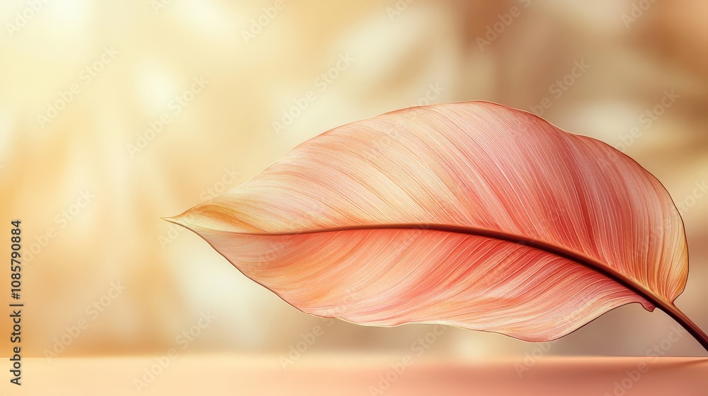 A delicate pink leaf elegantly displayed against a soft, warm background. A delicate pink leaf elegantly displayed against a soft, warm background.