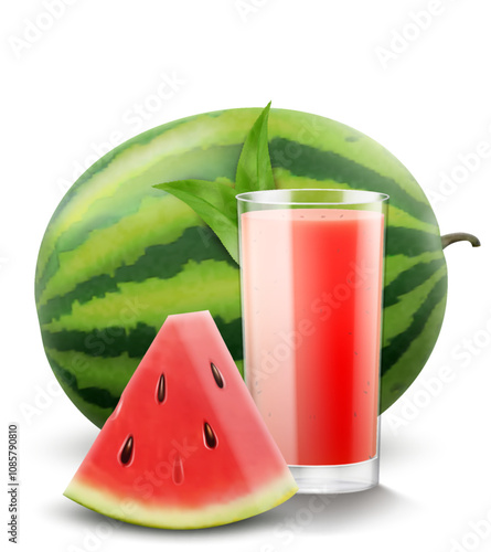 A glass of fresh watermelon juice or smoothie. Cup of cocktail or yogurt with watermelon, isolated on transparent background. Realistic 3d vector illustration
