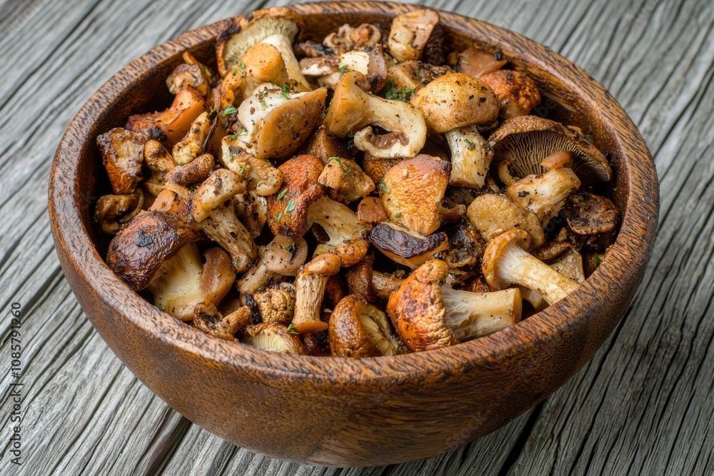 Fototapeta premium Fried blend of wild mushrooms in a bowl, a delicious mix of wild mushrooms, fried to perfection and served in a bowl.