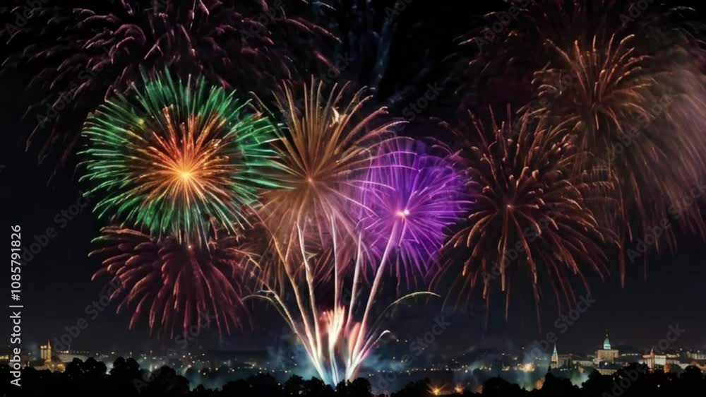 A vibrant fireworks display lights the night sky. The photo includes a city skyline in the distance A vibrant fireworks display lights the night sky. The photo includes a city skyline in the distance