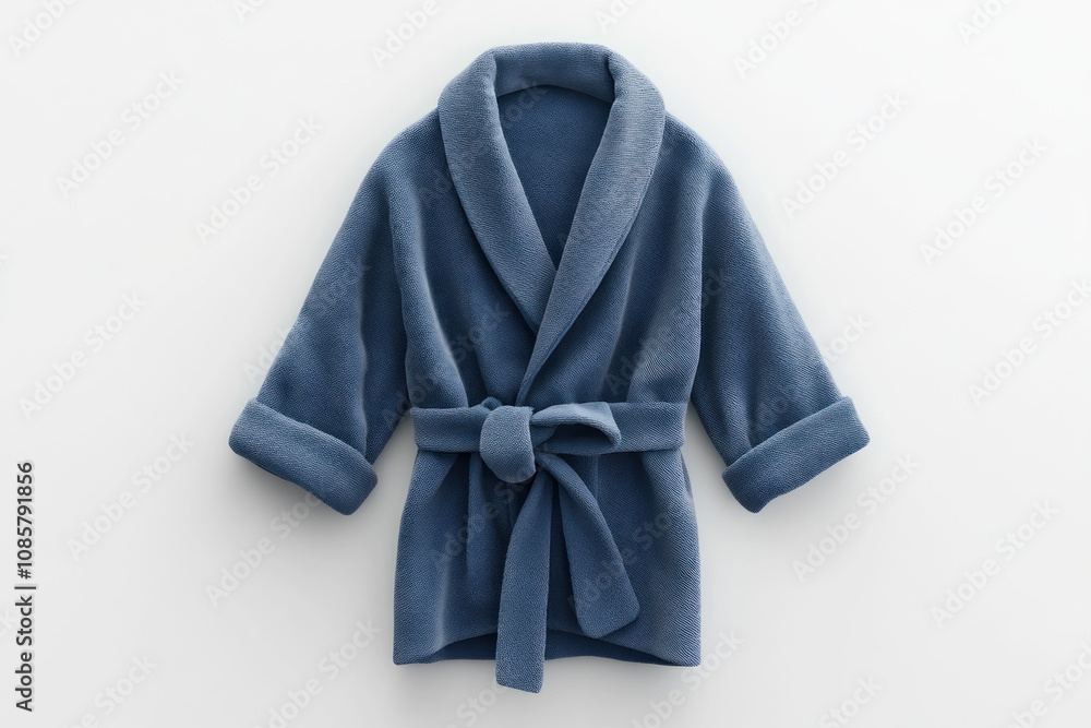 Blue robe with front bow, draped on a wooden chair. Bright sunlight streaming through a window, casting warm shadows on the fabric. Blue robe with front bow, draped on a wooden chair. Bright sunlight streaming through a window, casting warm shadows on the fabric.